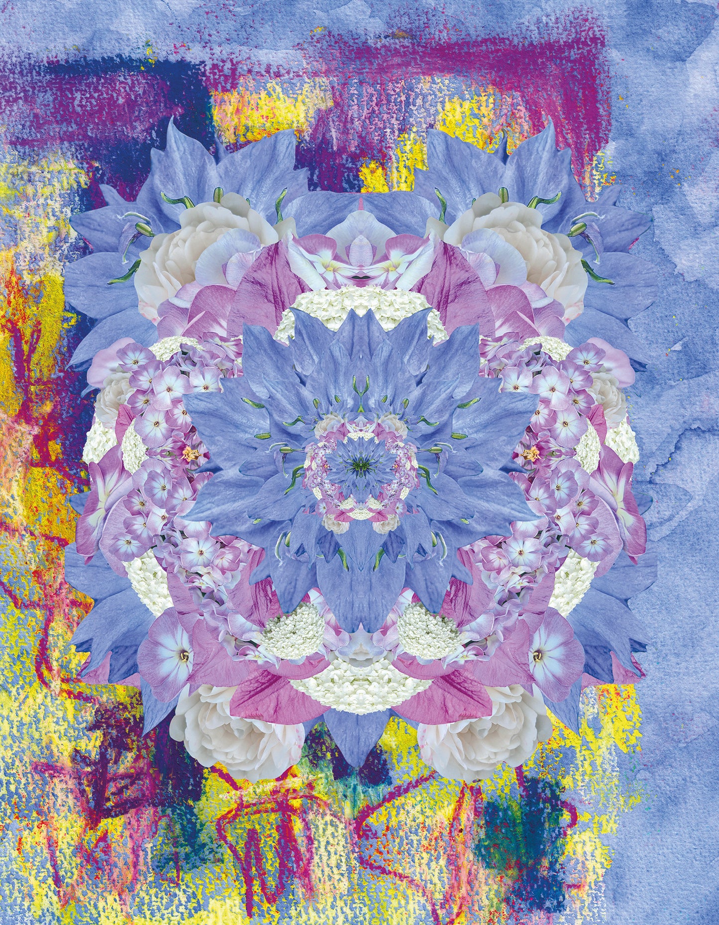 Exklusive digitale Collage 'colourful blossom' von Theresa Lambrecht und Karolin Kruger, Darstellung einer farbenfrohen Blüte, auf hochwertigem Alu-Dibond.