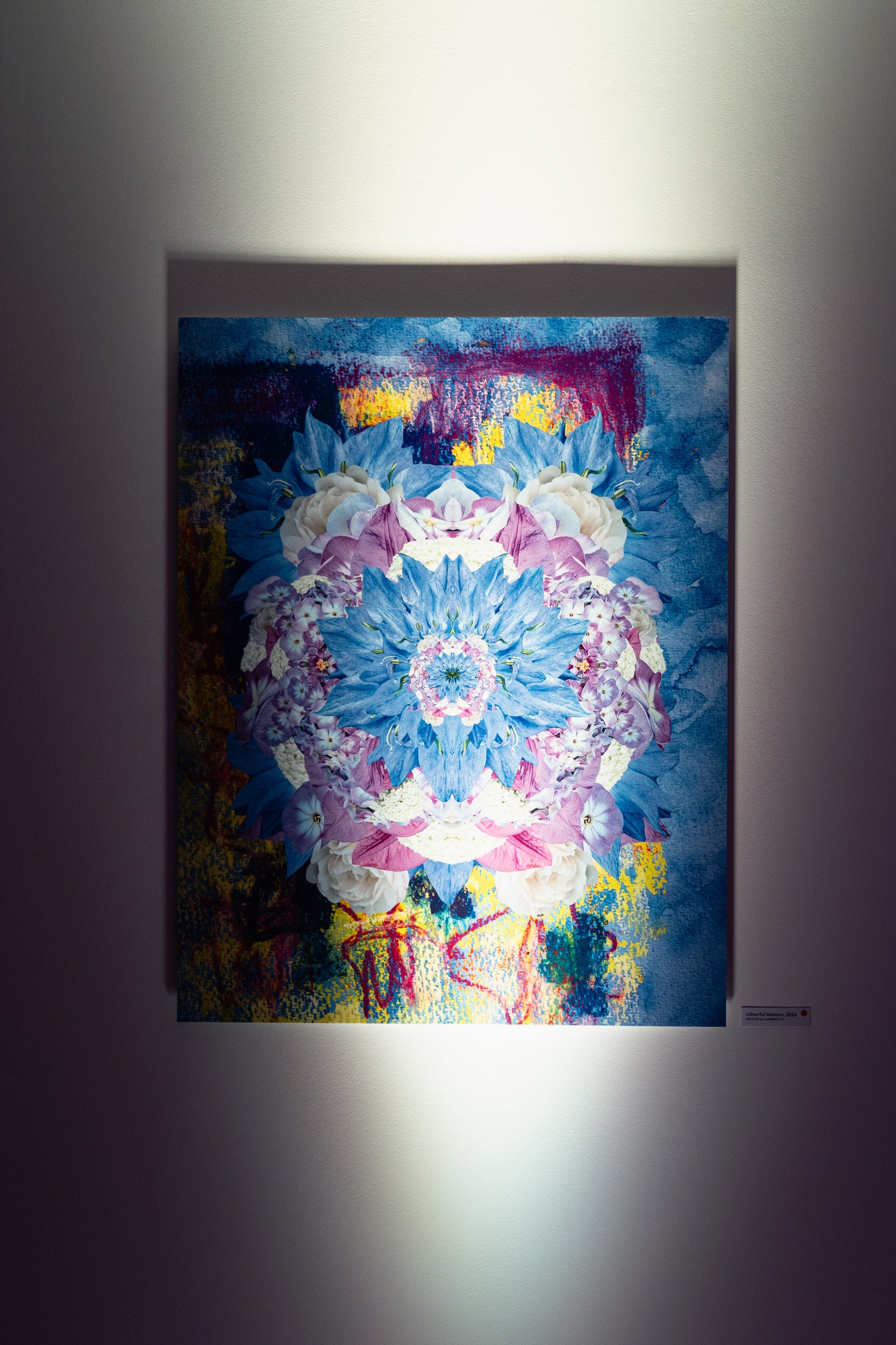 Exklusive digitale Collage 'colourful blossom' von Theresa Lambrecht und Karolin Kruger, Darstellung einer farbenfrohen Blüte, auf hochwertigem Alu-Dibond.